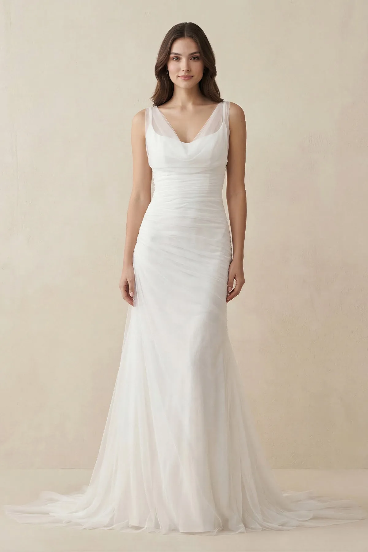 Mermaid Cowl Neck Tulle Wedding Dress in White sold by KissProm