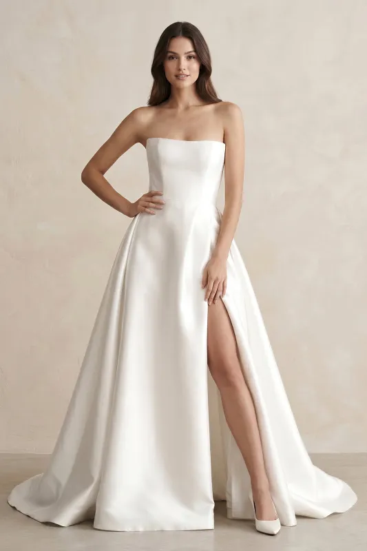 Strapless A-Line Satin Wedding Dress with Slit in White made by KissProm