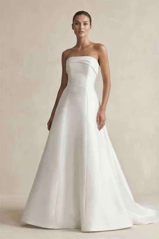 Strapless A-Line Satin Ruched Wedding Dress in White made by KissProm