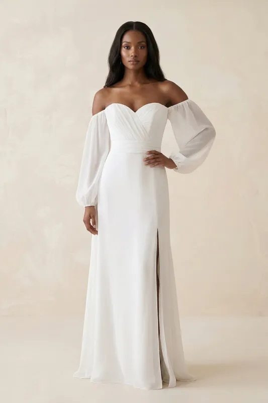 Chiffon Sheath Off-the-Shoulder Wedding Dress With Slit in White made by KissProm