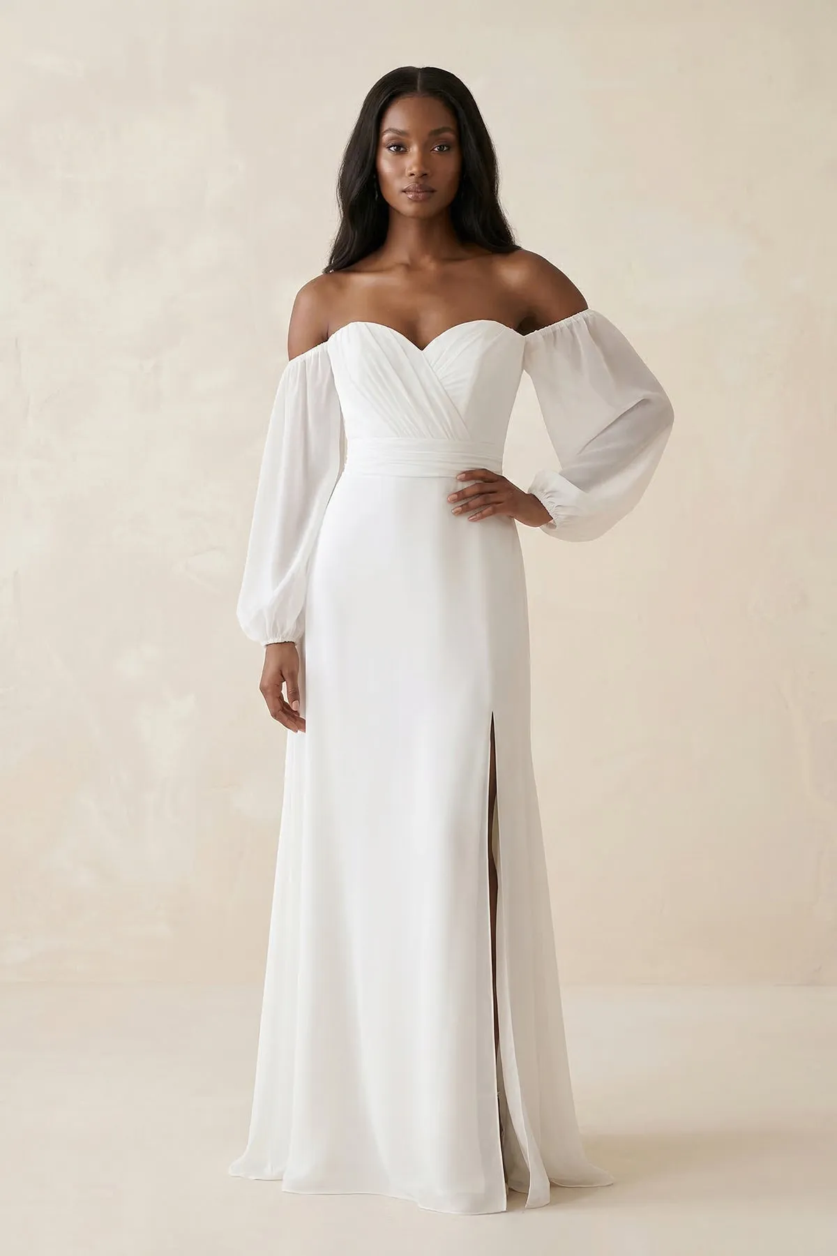 Chiffon Sheath Off-the-Shoulder Wedding Dress With Slit in White sold by KissProm