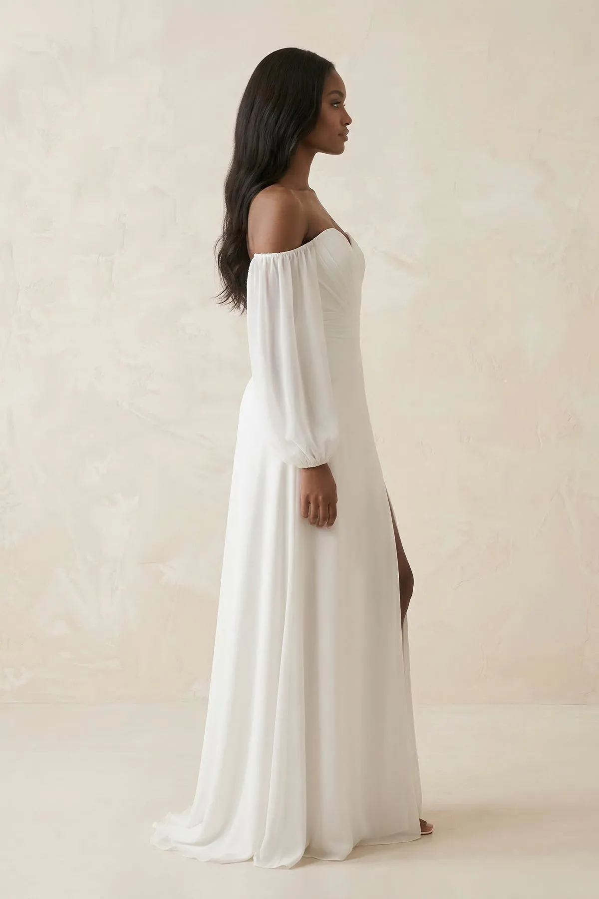 Chiffon Sheath Off-the-Shoulder Wedding Dress With Slit in White sold by KissProm product image thumbnail 2