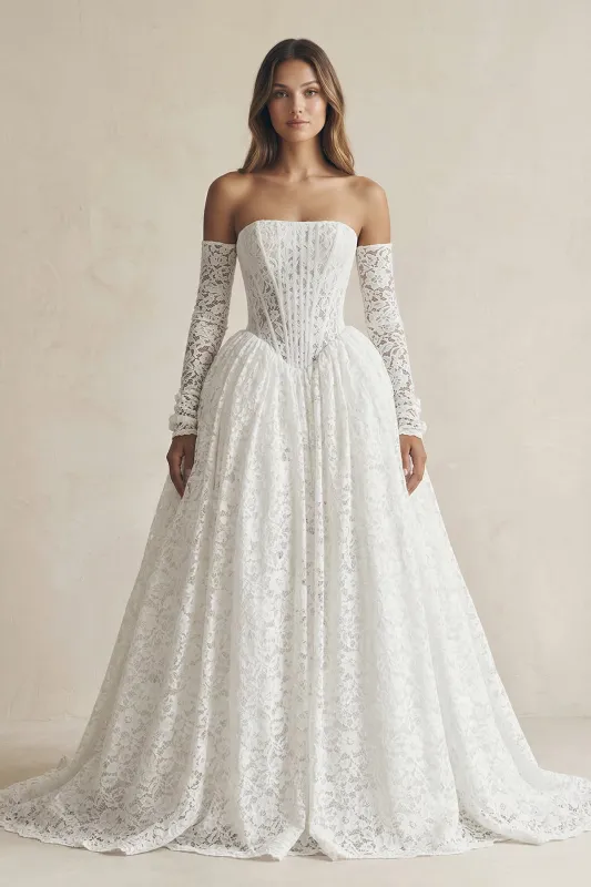 Ball Gown Lace Strapless Appliqued Wedding Dress in White made by KissProm