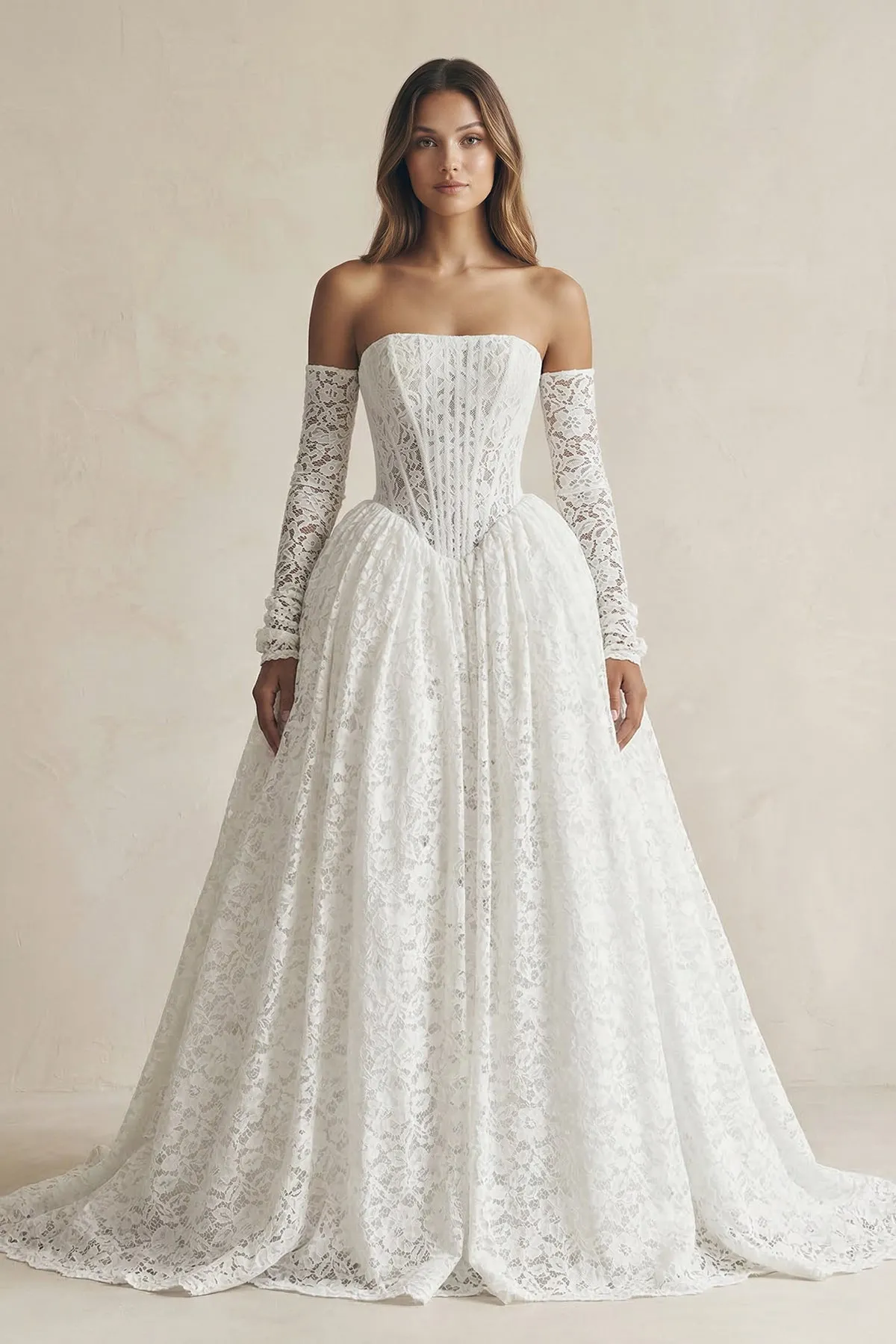 Ball Gown Lace Strapless Appliqued Wedding Dress in White sold by KissProm