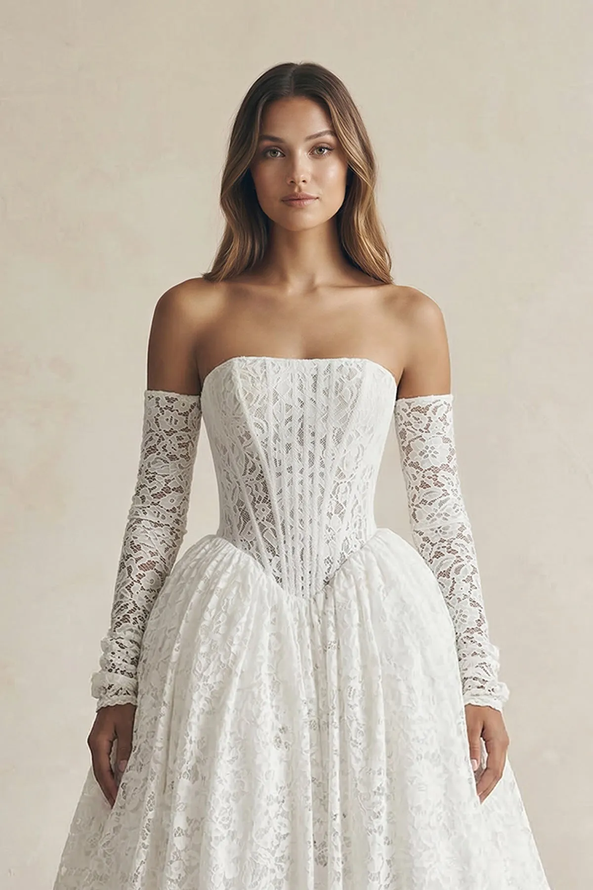 Ball Gown Lace Strapless Appliqued Wedding Dress in White sold by KissProm product image thumbnail 3