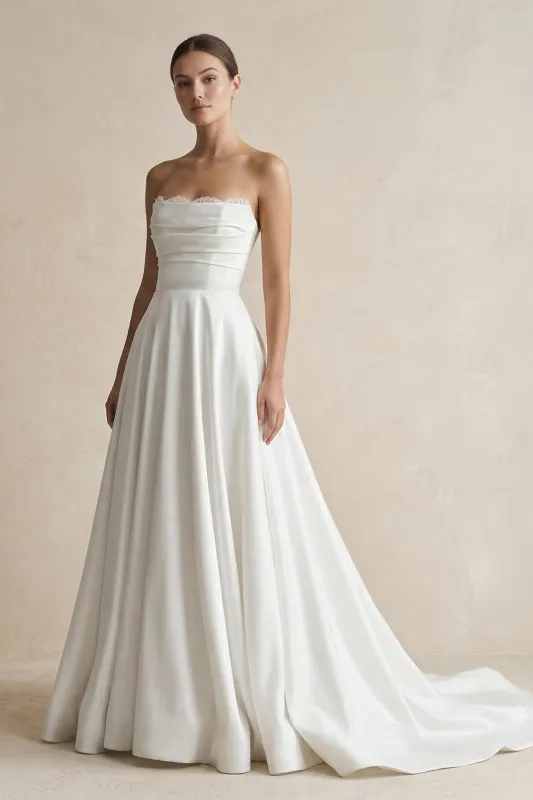 Strapless A-Line Satin Ruched Wedding Dress in White made by KissProm