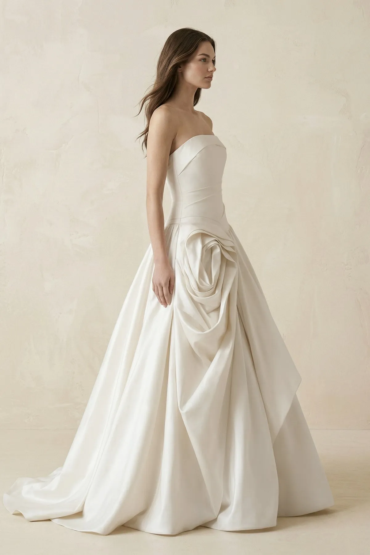 Ruched A-Line Strapless Satin Wedding Dress in White sold by KissProm product image thumbnail 3