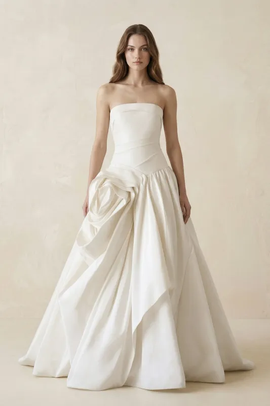 Ruched A-Line Strapless Satin Wedding Dress in White made by KissProm