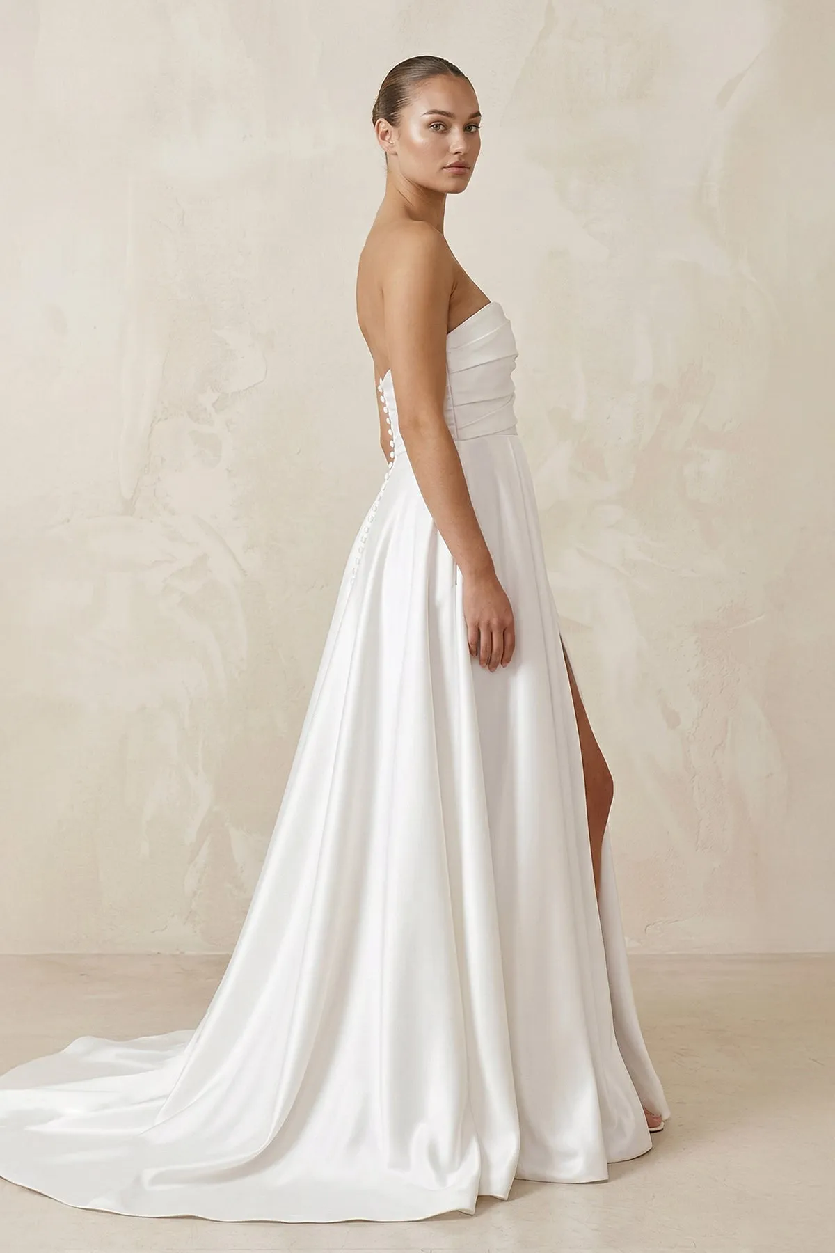 Satin Strapless A-Line Ruched Wedding Dress With Slit in White sold by KissProm product image thumbnail 3