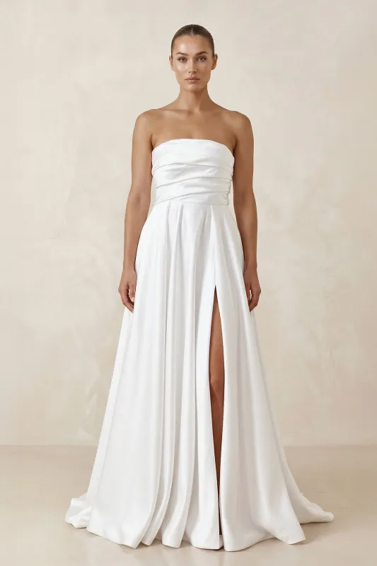 Satin Strapless A-Line Ruched Wedding Dress With Slit in White made by KissProm