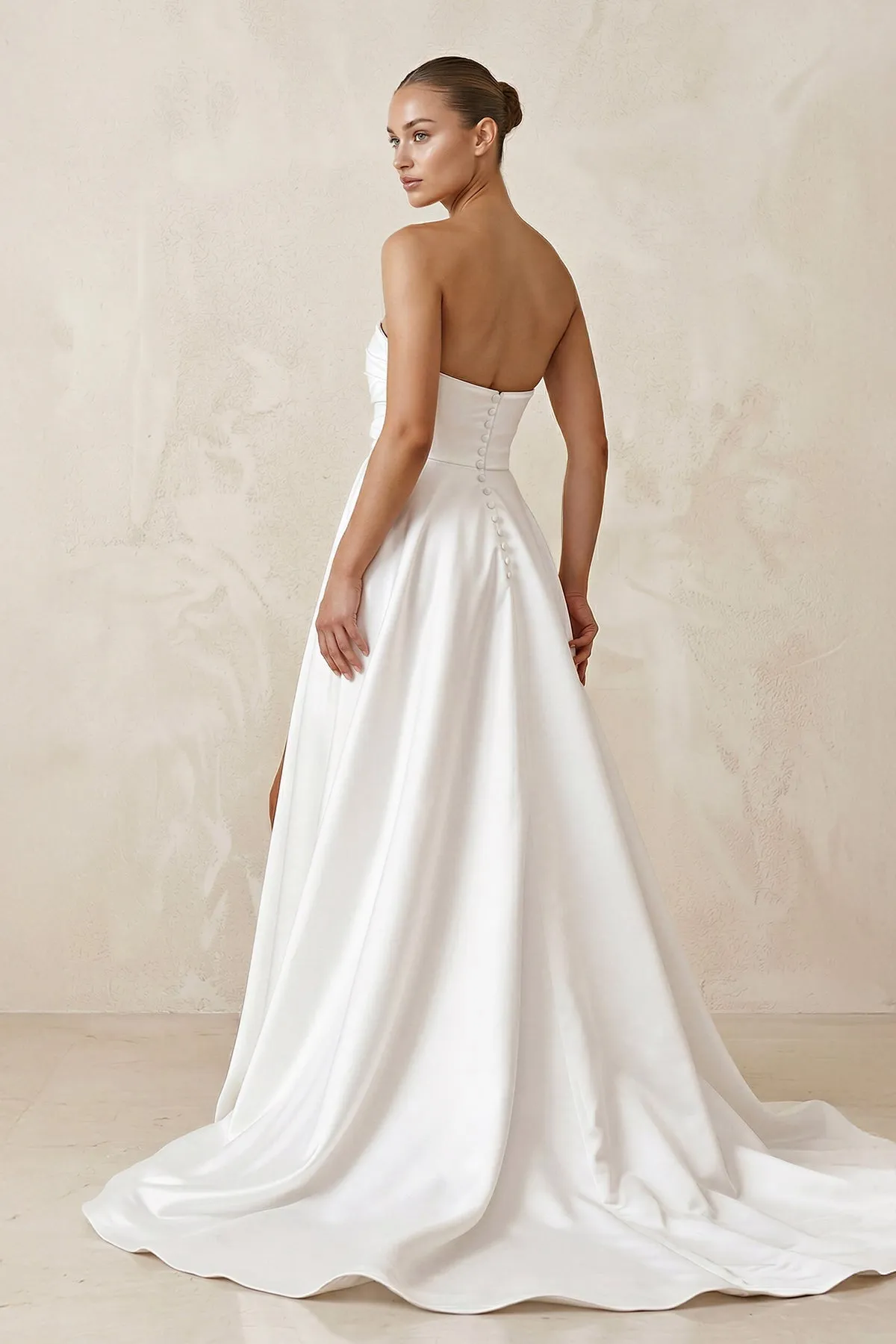 Satin Strapless A-Line Ruched Wedding Dress With Slit in White sold by KissProm product image thumbnail 2