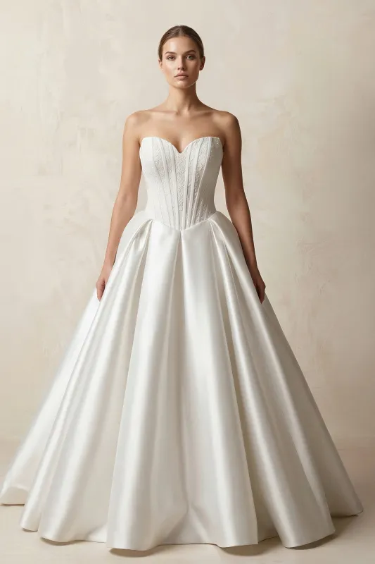 Sweetheart Satin Ball Gown Corset Wedding Dress in White made by KissProm