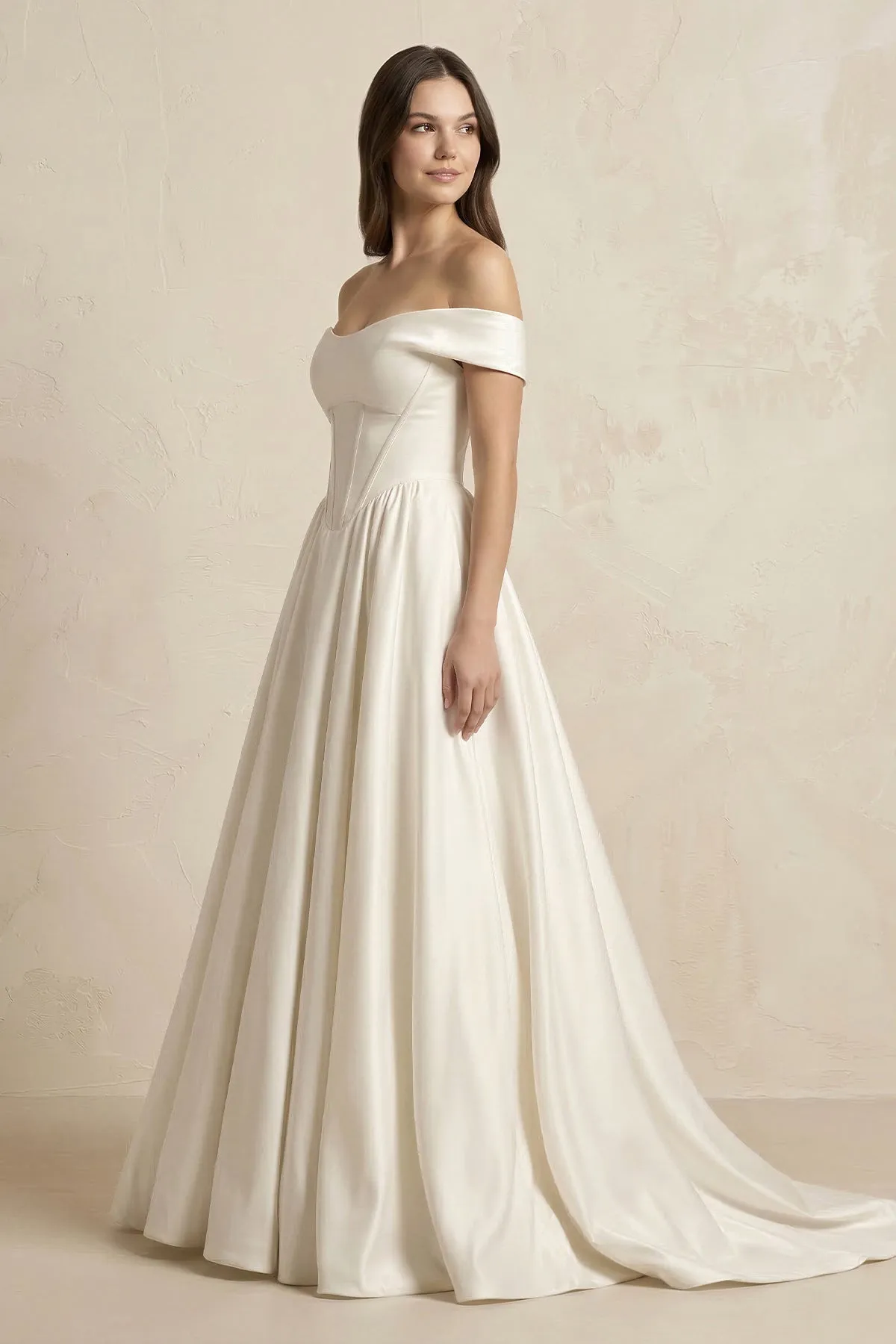 A-Line Satin Off-the-Shoulder Corset Wedding Dress in Ivory sold by KissProm product image thumbnail 3