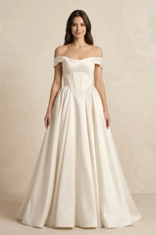 A-Line Satin Off-the-Shoulder Corset Wedding Dress in Ivory made by KissProm