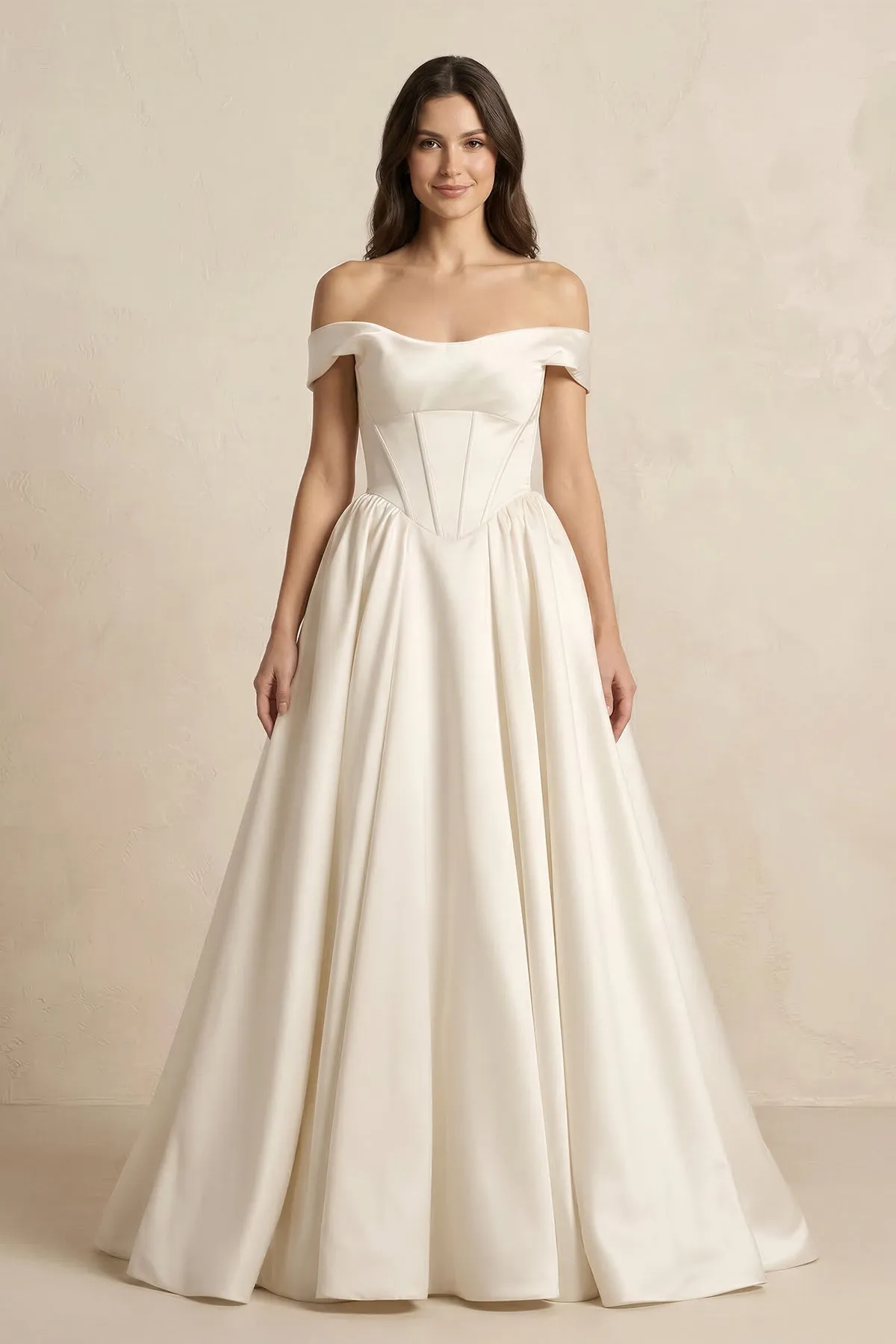 A-Line Satin Off-the-Shoulder Corset Wedding Dress in Ivory sold by KissProm