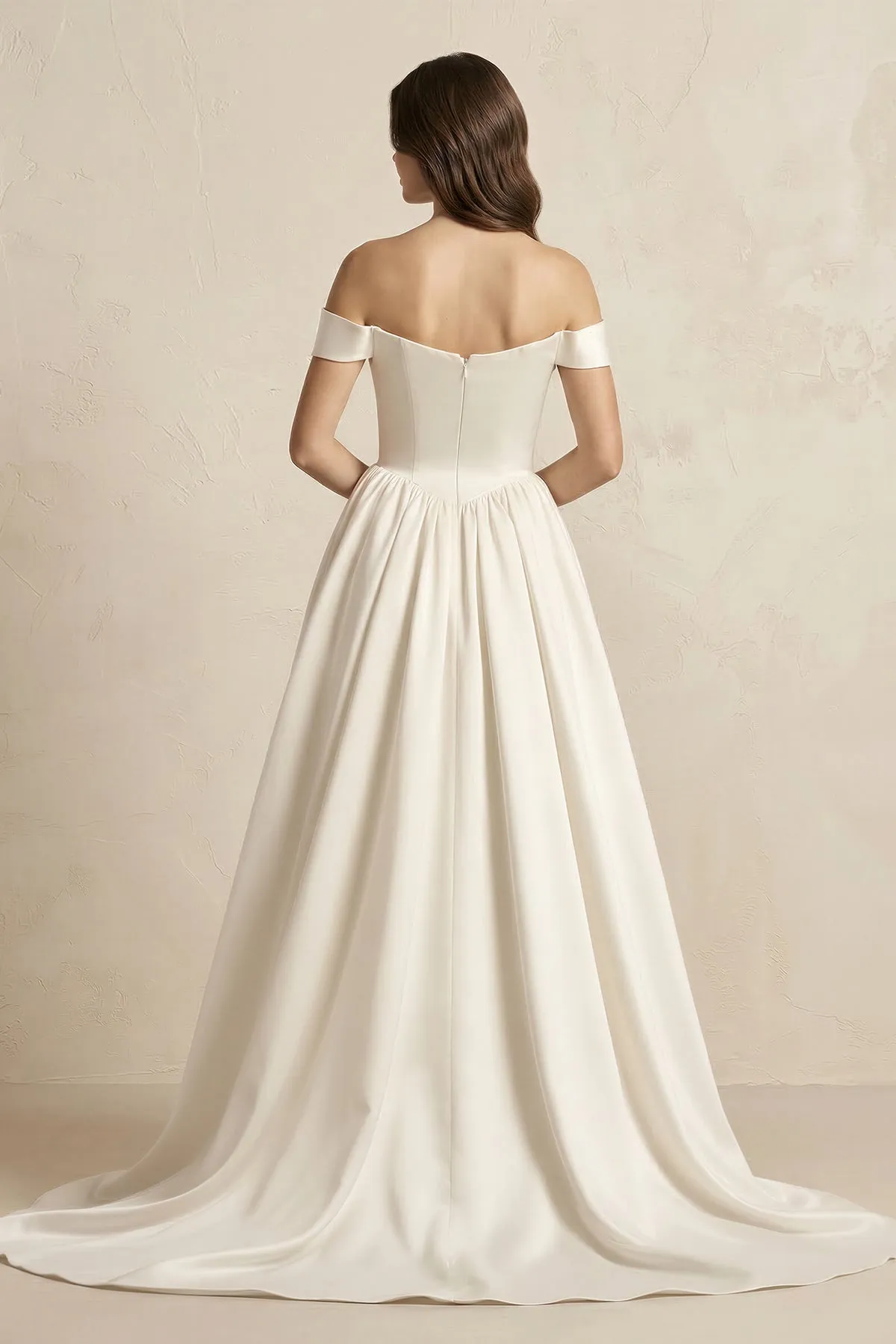 A-Line Satin Off-the-Shoulder Corset Wedding Dress in Ivory sold by KissProm product image thumbnail 2