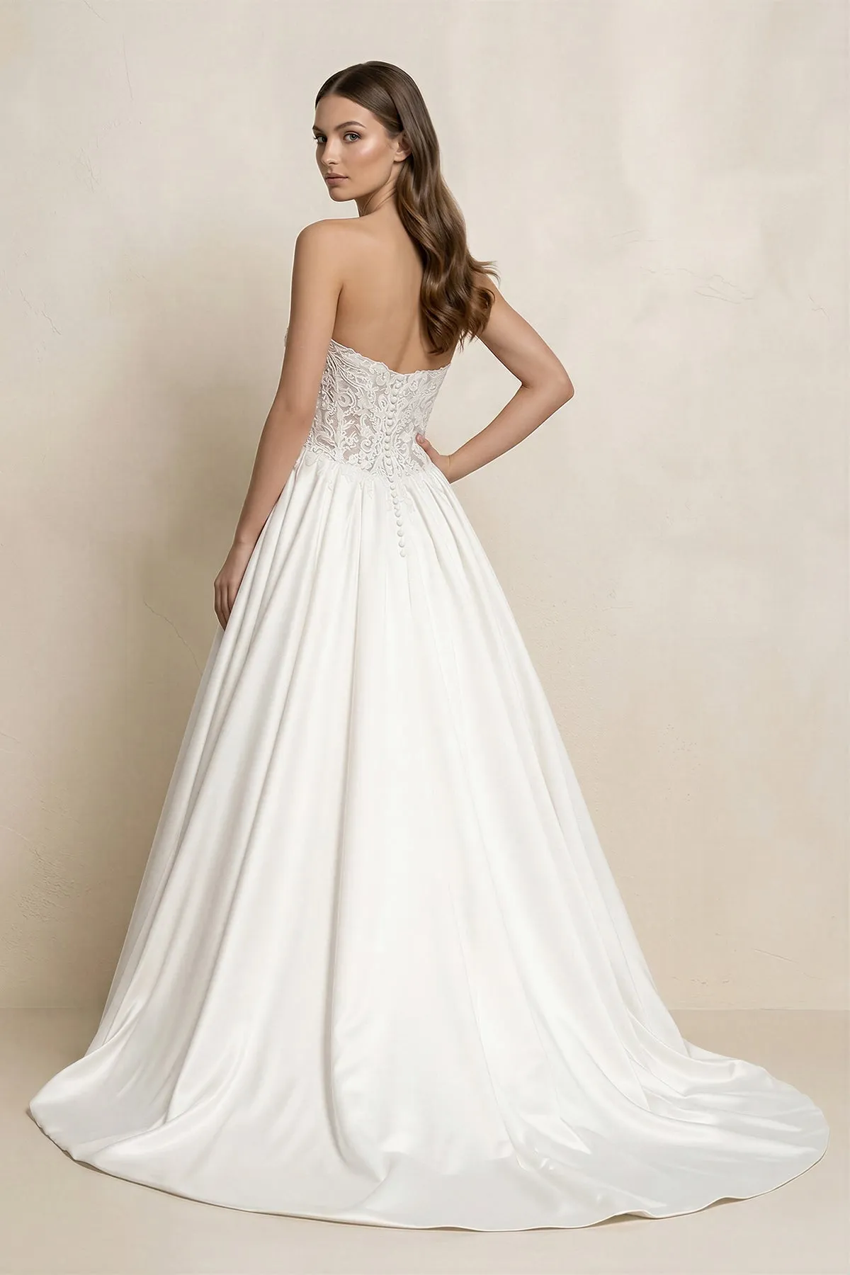 Strapless Lace Satin Corset Ball Gown Wedding Dress in White sold by KissProm product image thumbnail 2
