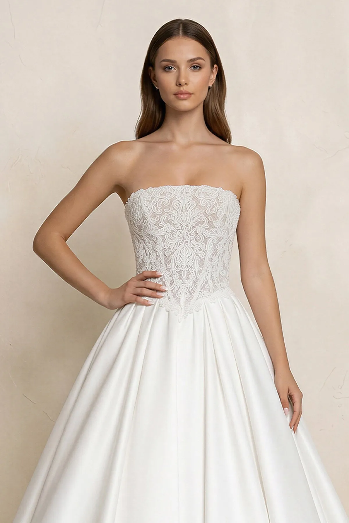Strapless Lace Satin Corset Ball Gown Wedding Dress in White sold by KissProm product image thumbnail 3