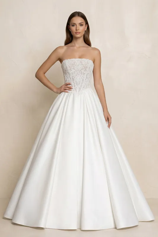 Strapless Lace Satin Corset Ball Gown Wedding Dress in White made by KissProm