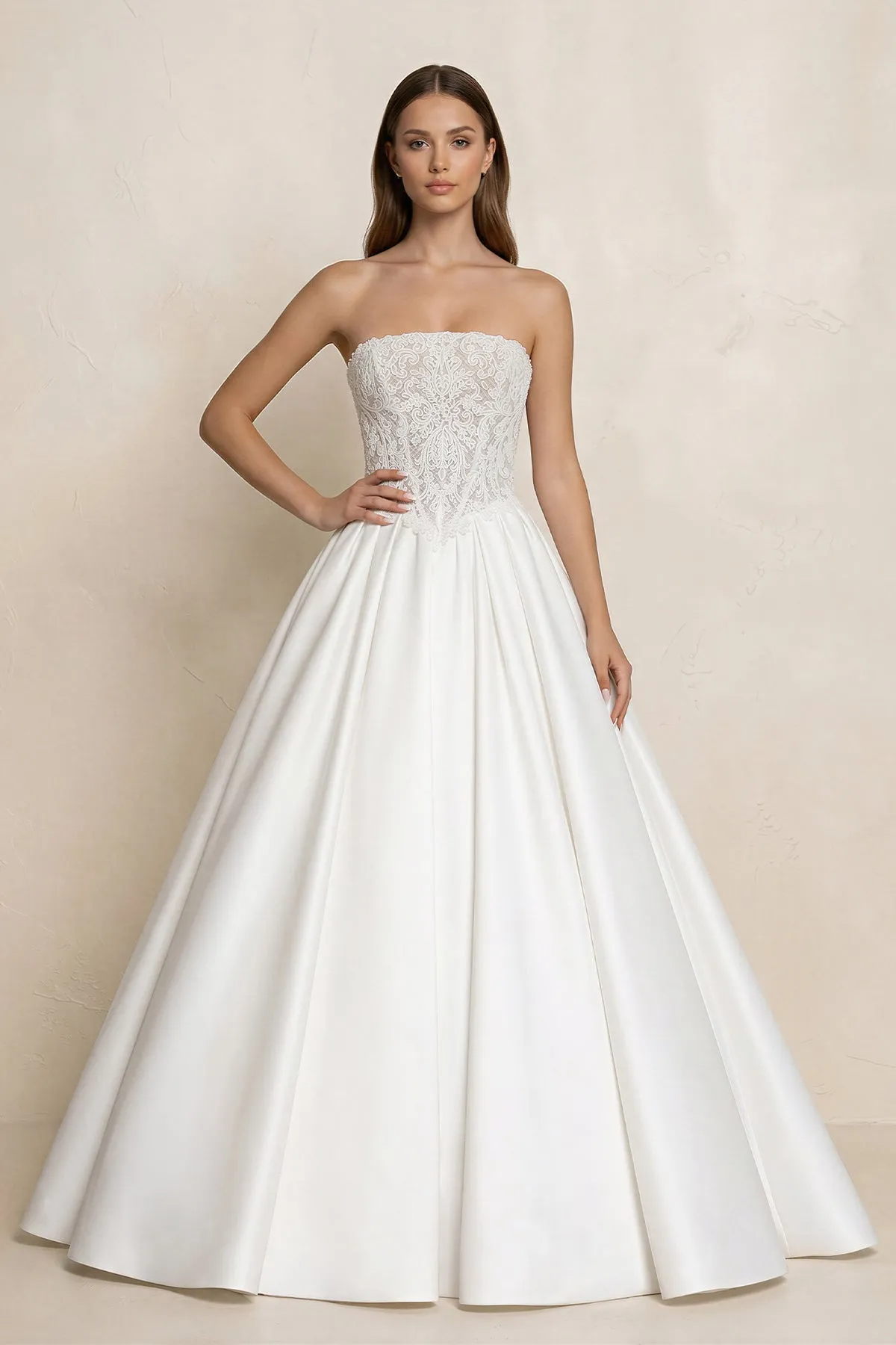 Strapless Lace Satin Corset Ball Gown Wedding Dress in White sold by KissProm
