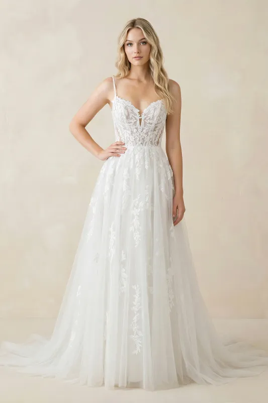 Spaghetti Straps Tulle Appliqued Corset Wedding Dress in White made by KissProm