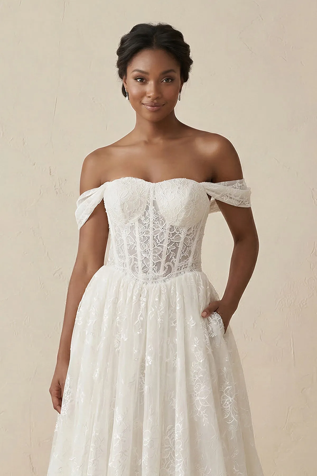 Off-the-Shoulder Lace A-Line Corset Wedding Dress in Ivory sold by KissProm product image thumbnail 3