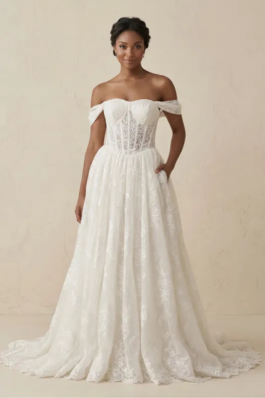 Off-the-Shoulder Lace A-Line Corset Wedding Dress in Ivory made by KissProm