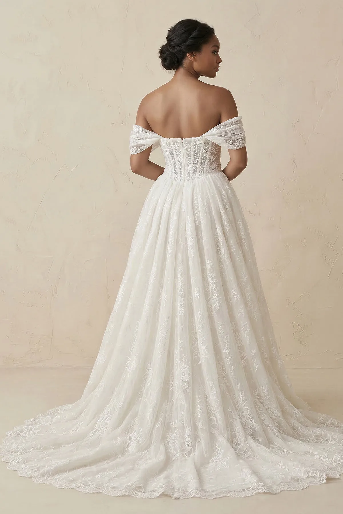 Off-the-Shoulder Lace A-Line Corset Wedding Dress in Ivory sold by KissProm product image thumbnail 2