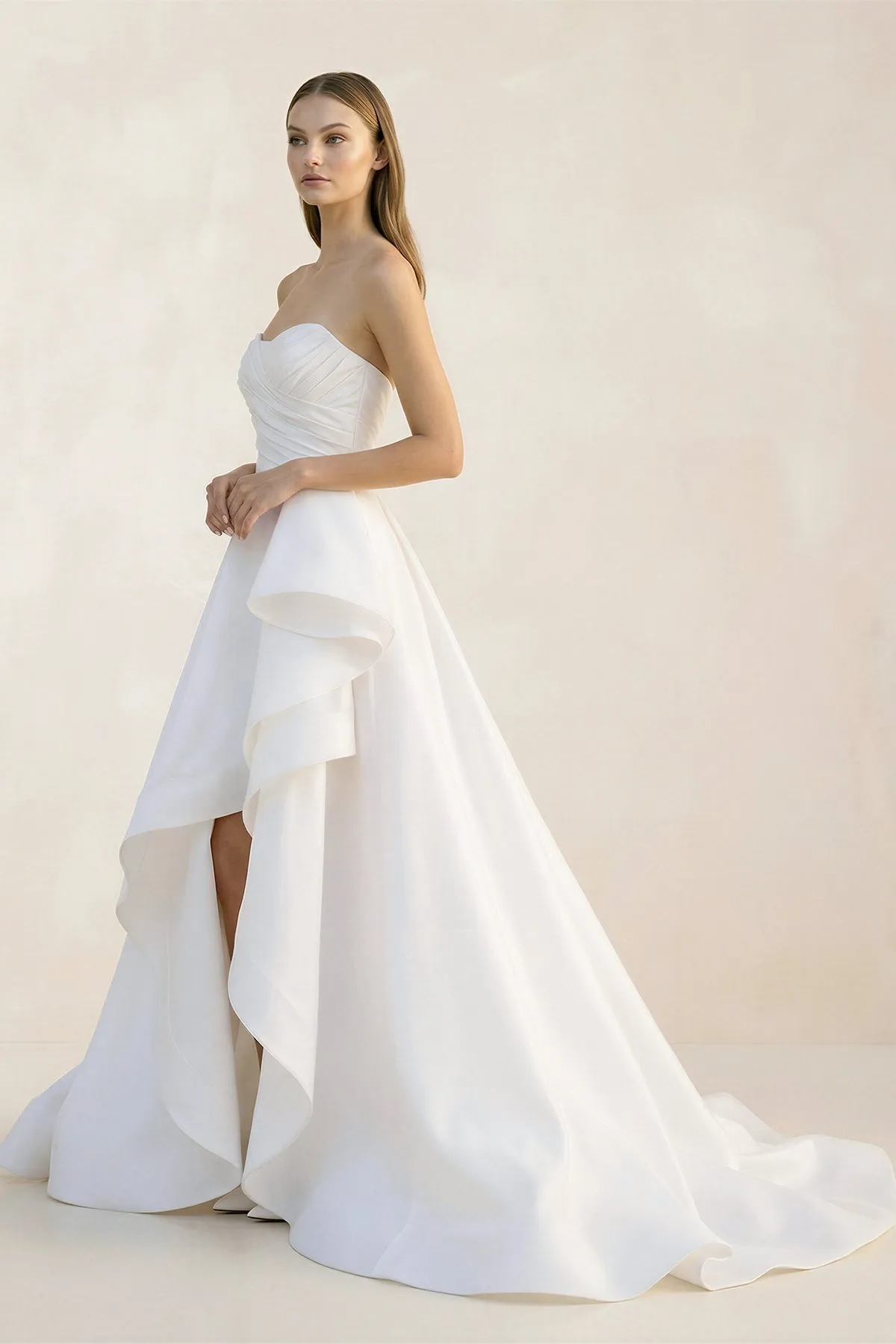 Ruffled Strapless A-Line Ruched Wedding Dress With Slit in White sold by KissProm product image thumbnail 3