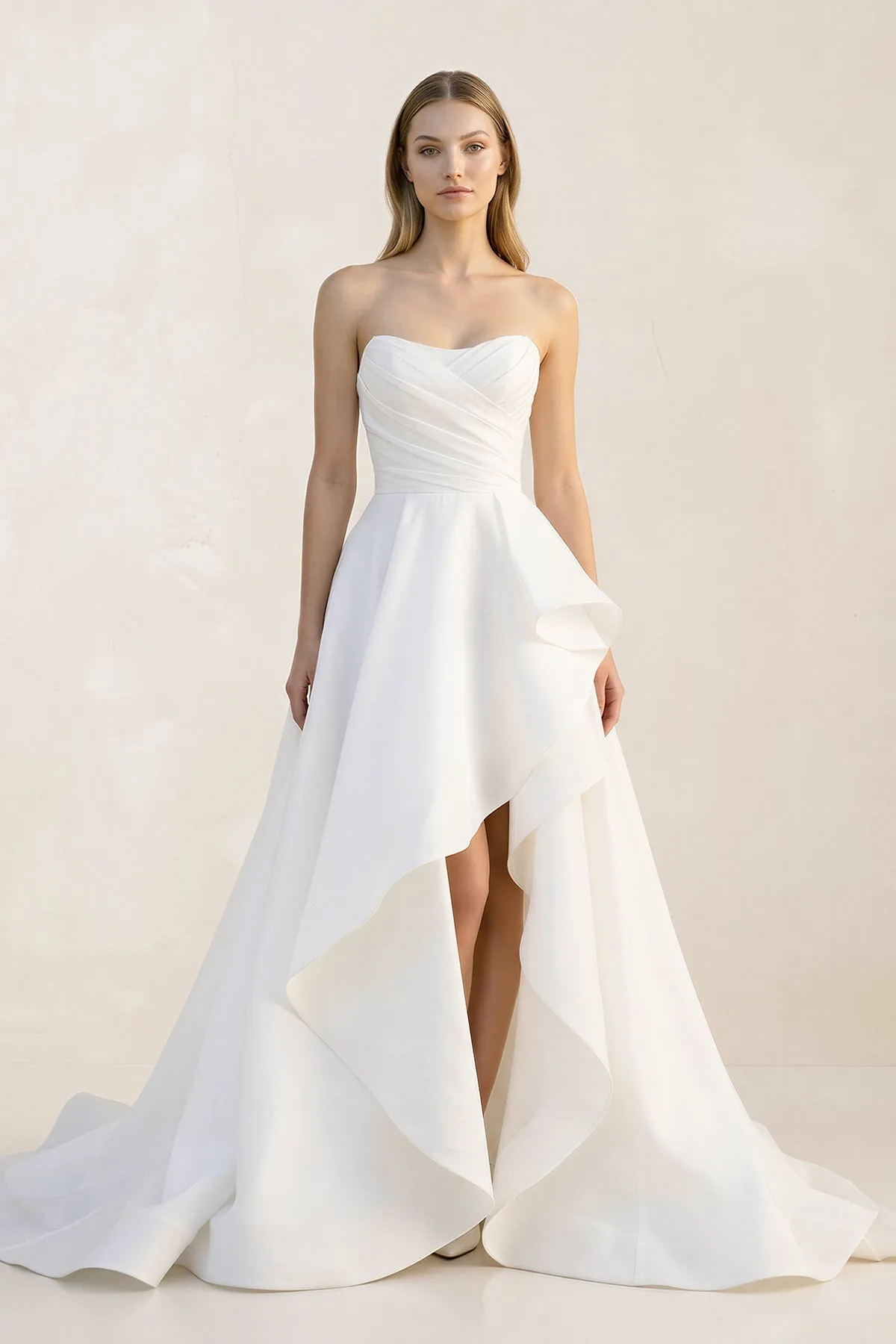Ruffled Strapless A-Line Ruched Wedding Dress With Slit in White sold by KissProm