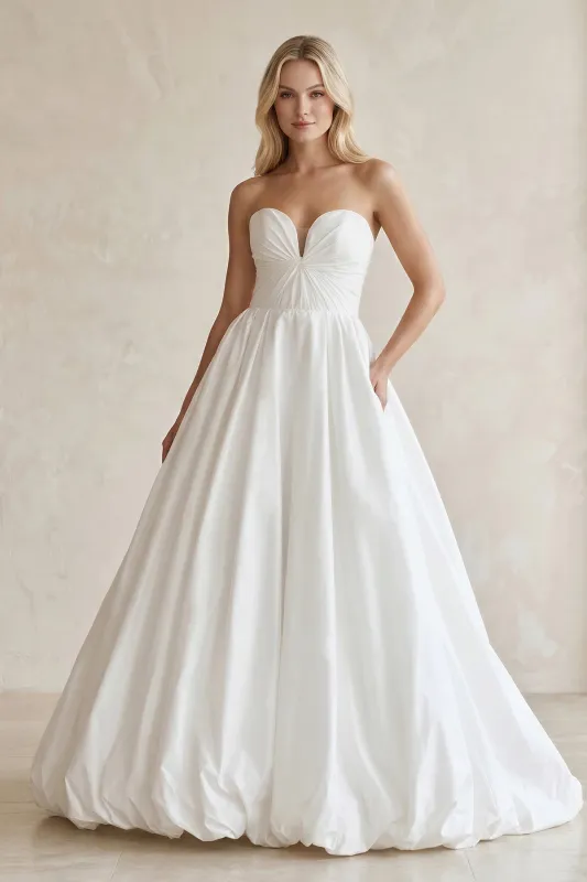 Sweetheart Ball Gown Ruched Satin Wedding Dress in White made by KissProm