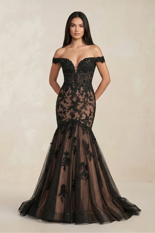 Mermaid Off-the-Shoulder Appliqued Beaded Wedding Dress in Black made by KissProm
