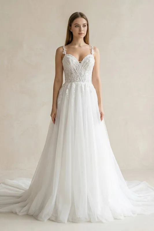 Spaghetti Straps Tulle A-Line Appliqued Wedding Dress in White made by KissProm