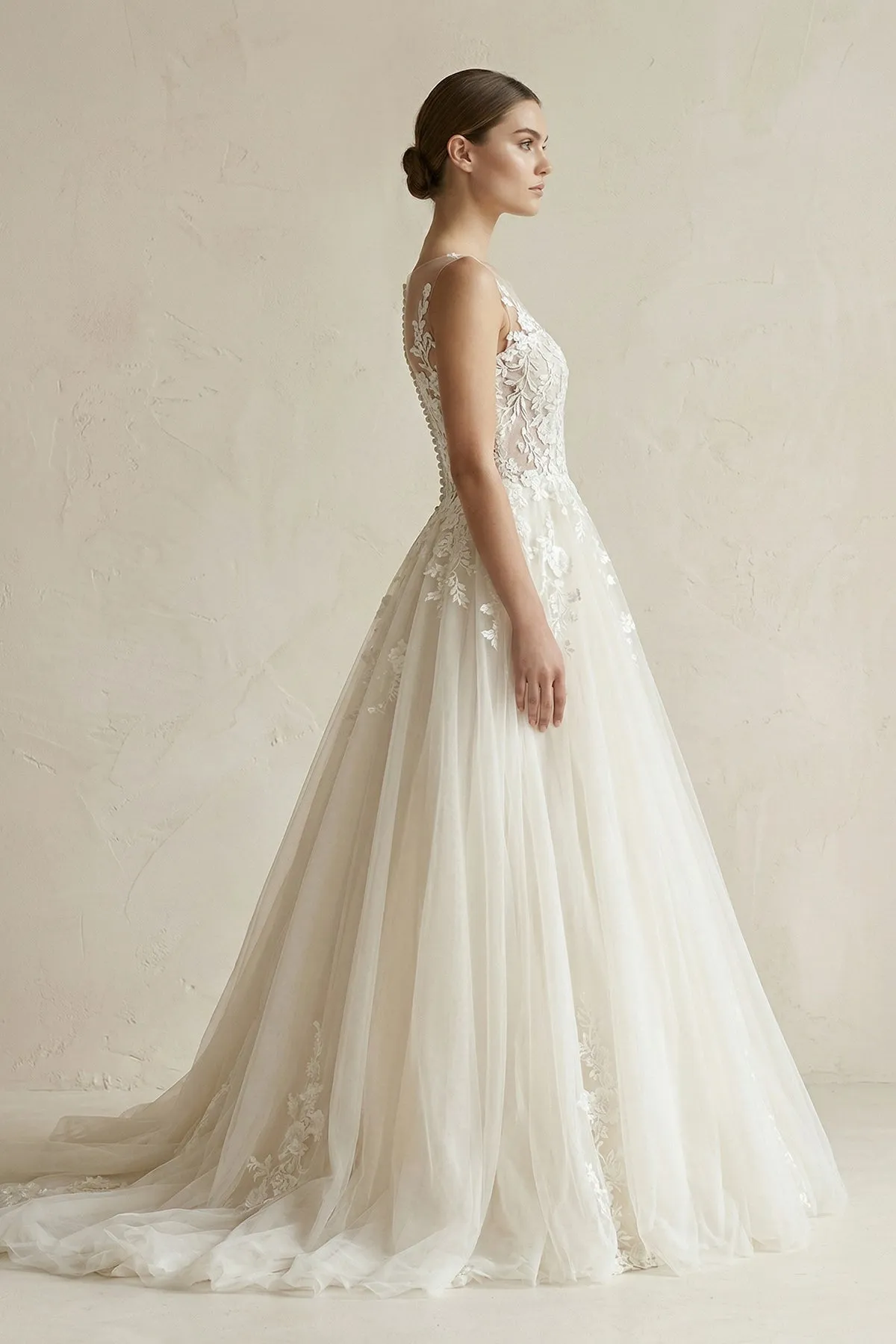 Illusion Neck Appliqued Tulle Wedding Gown in White sold by KissProm product image thumbnail 3
