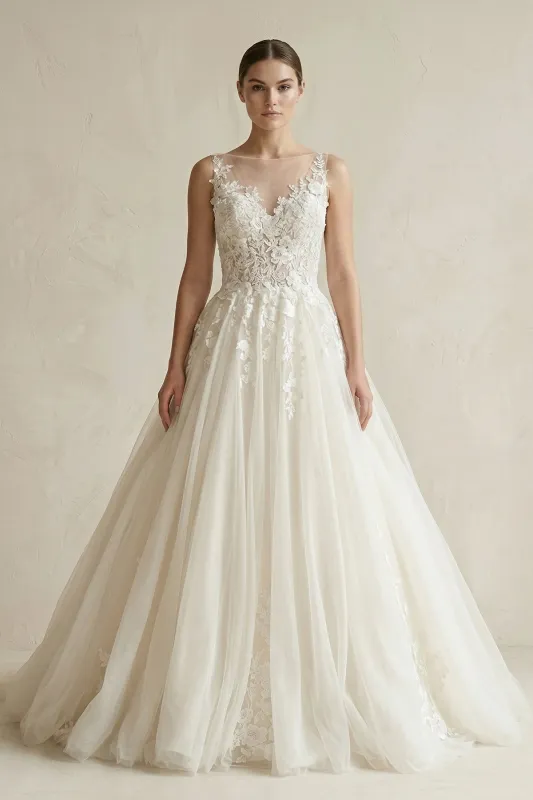 Illusion Neck Appliqued Tulle Wedding Gown in White made by KissProm