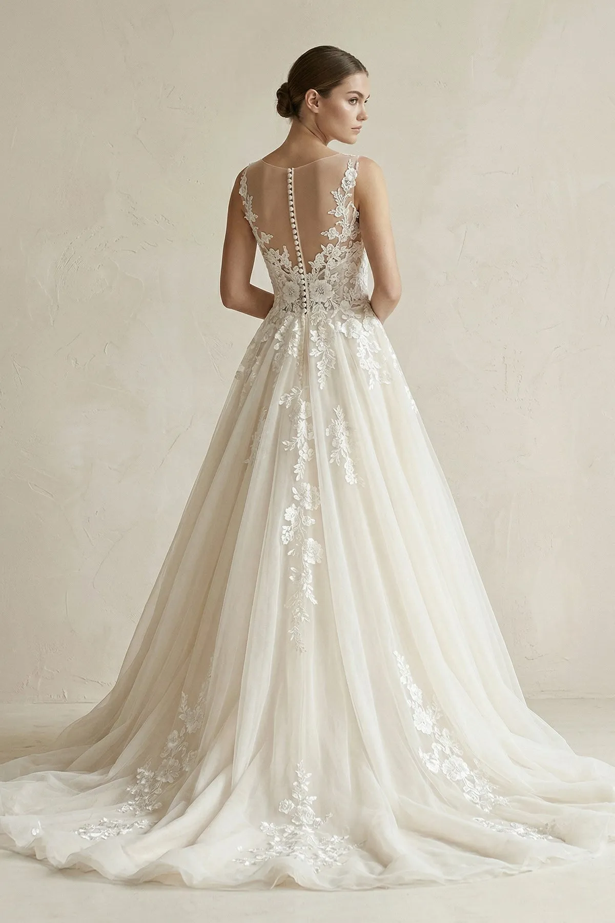 Illusion Neck Appliqued Tulle Wedding Gown in White sold by KissProm product image thumbnail 2