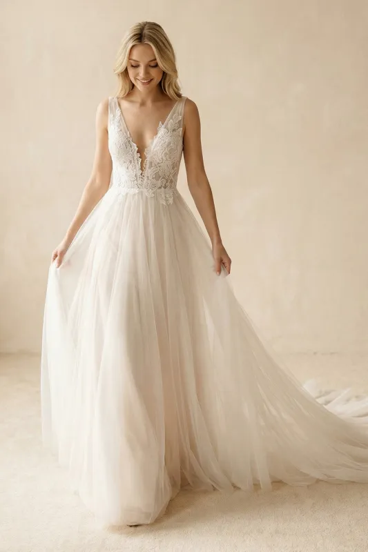 Deep V-Neck Tulle A-Line Appliqued Wedding Dress in Ivory made by KissProm
