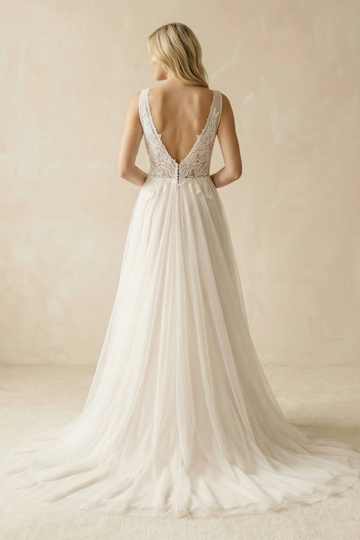 Deep V-Neck Tulle A-Line Appliqued Wedding Dress in Ivory sold by KissProm product image thumbnail 2