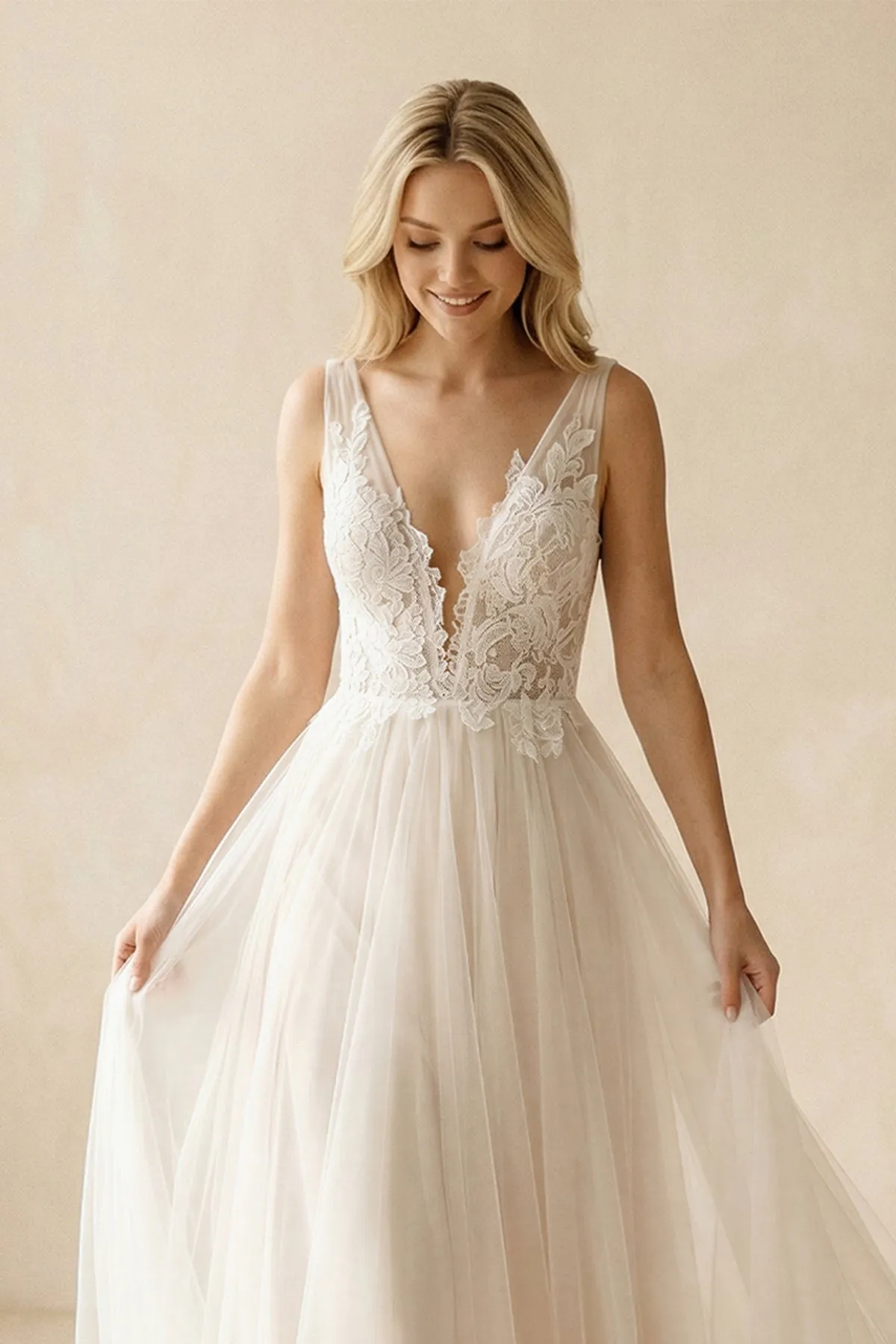 Deep V-Neck Tulle A-Line Appliqued Wedding Dress in Ivory sold by KissProm product image thumbnail 3