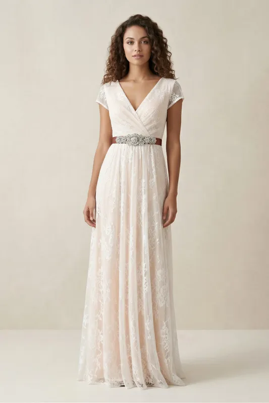 Lace V-Neck A-Line Cap Sleeve Wedding Dress With Belt in Ivory made by KissProm