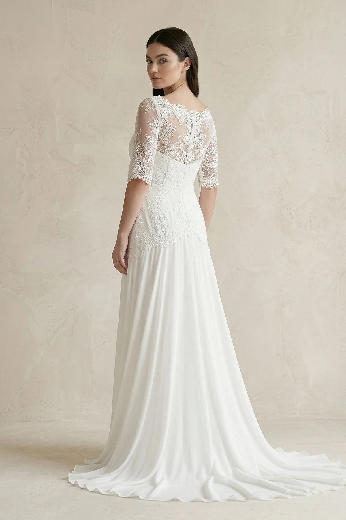 Lace Boat Neck Short Sleeve A-Line Chiffon Wedding Dress in White sold by KissProm product image thumbnail 2