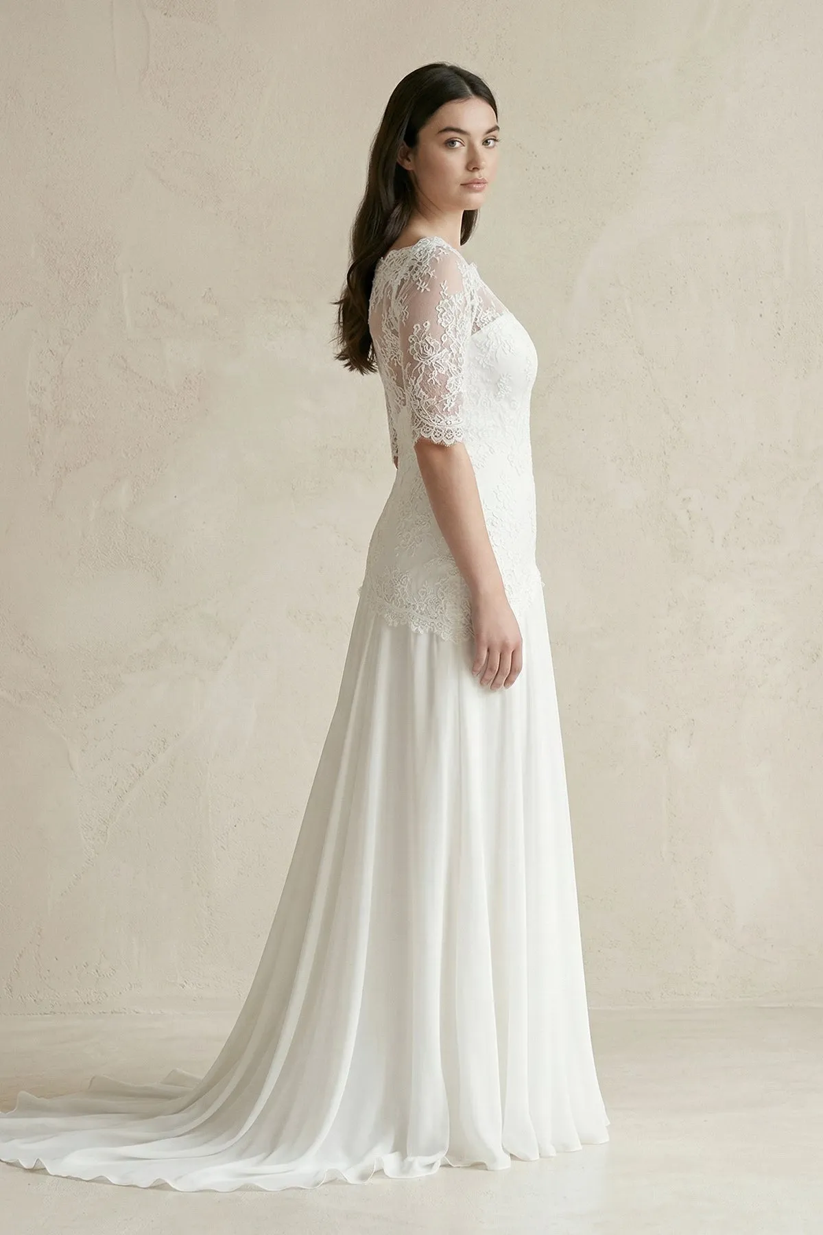 Lace Boat Neck Short Sleeve A-Line Chiffon Wedding Dress in White sold by KissProm product image thumbnail 3