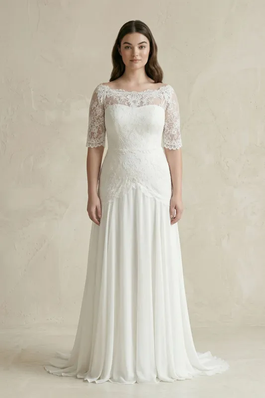 Lace Boat Neck Short Sleeve A-Line Chiffon Wedding Dress in White made by KissProm
