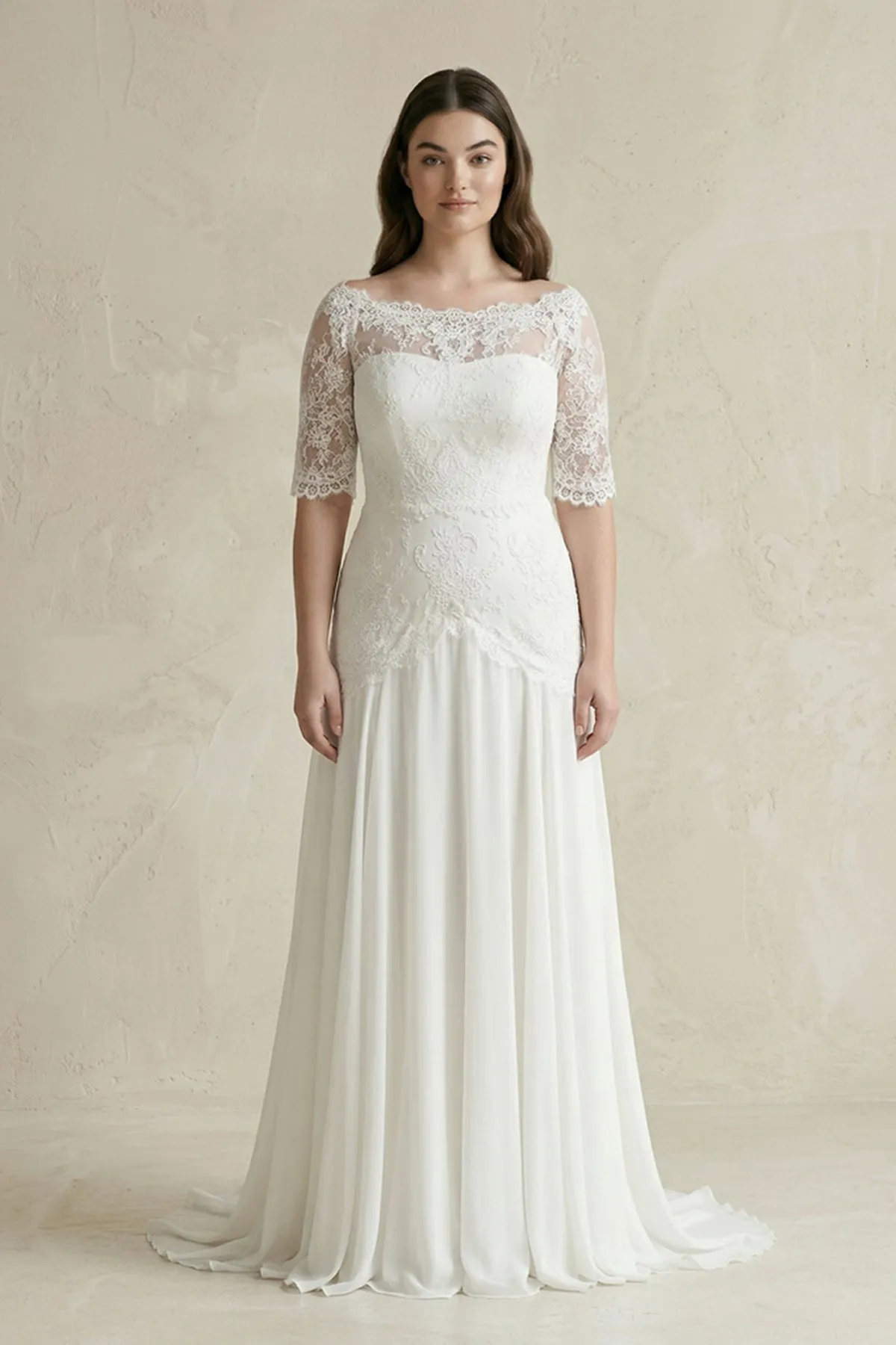 Lace Boat Neck Short Sleeve A-Line Chiffon Wedding Dress in White sold by KissProm