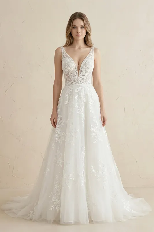 Deep V-Neck Tulle Appliqued Maxi Wedding Dress in White made by KissProm