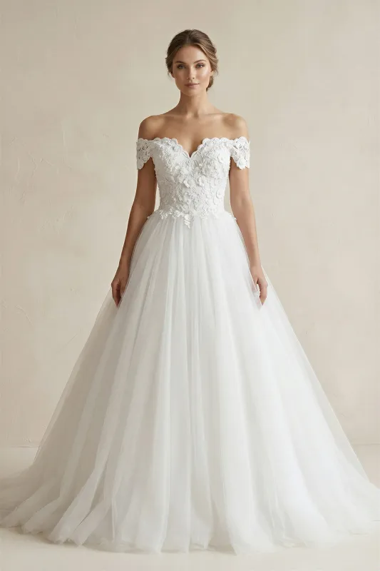 3D Flower Off-the-Shoulder Ball Gown Tulle Wedding Dress in White made by KissProm