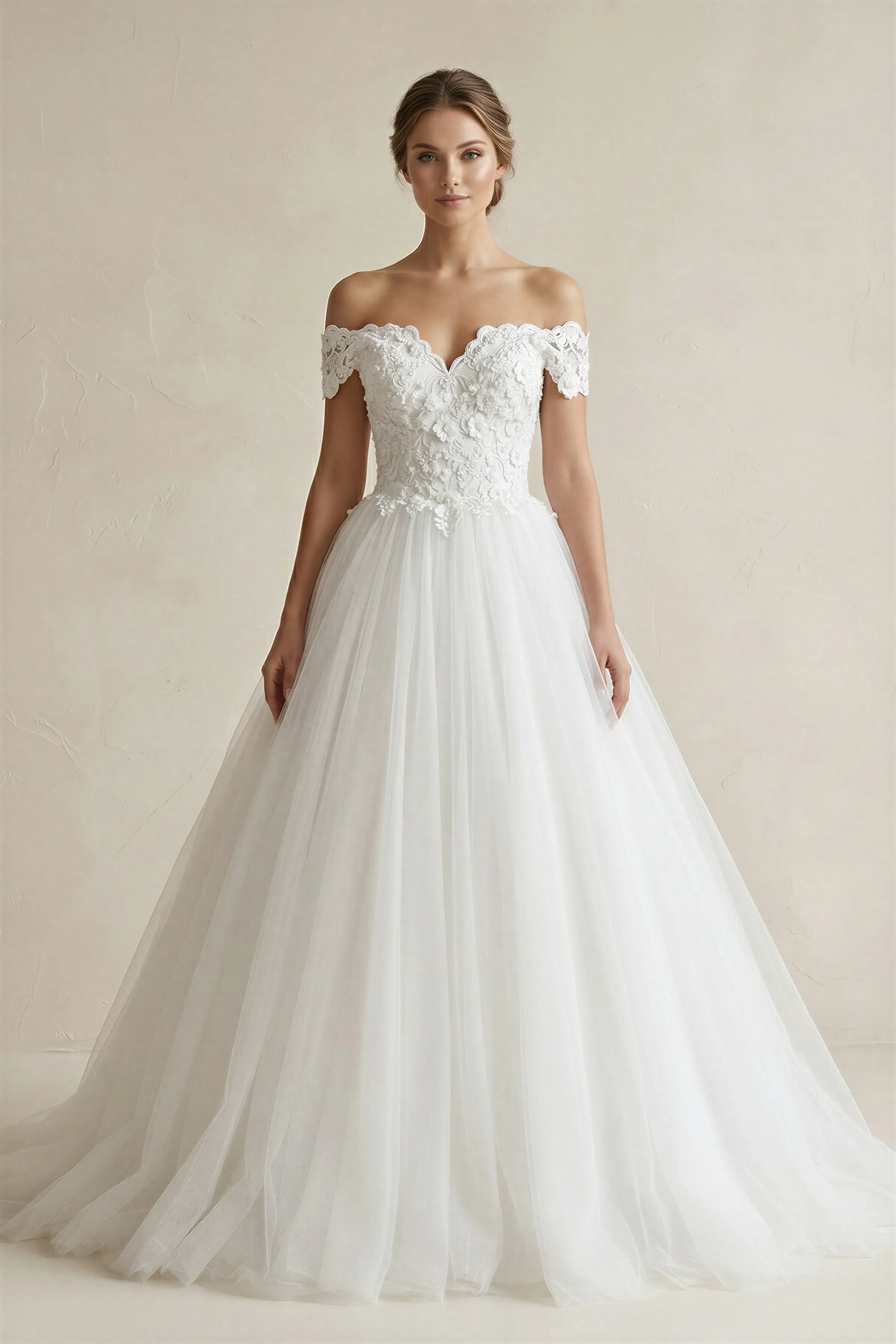 3D Flower Off-the-Shoulder Ball Gown Tulle Wedding Dress in White sold by KissProm