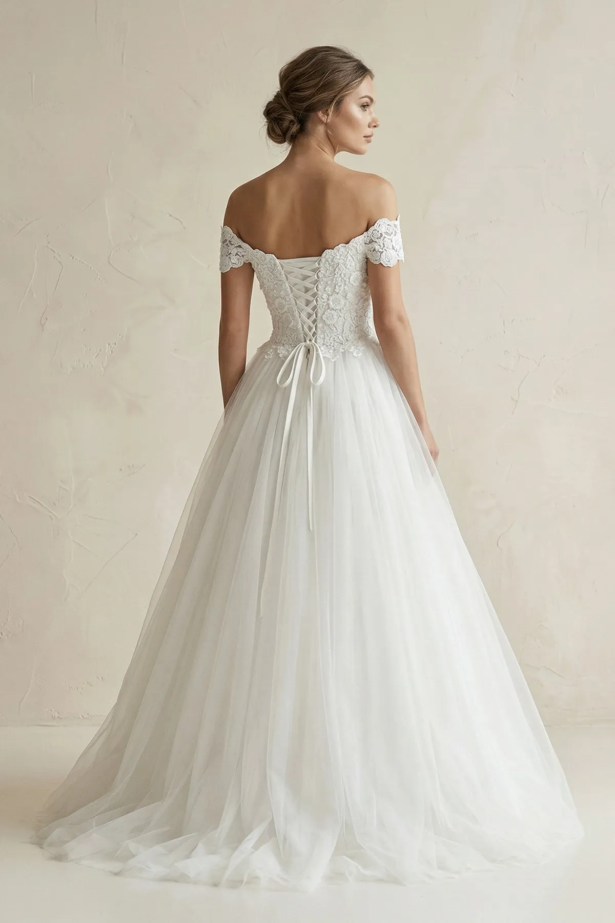 3D Flower Off-the-Shoulder Ball Gown Tulle Wedding Dress in White sold by KissProm product image thumbnail 2