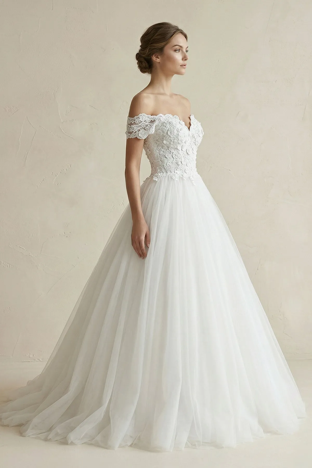 3D Flower Off-the-Shoulder Ball Gown Tulle Wedding Dress in White sold by KissProm product image thumbnail 3