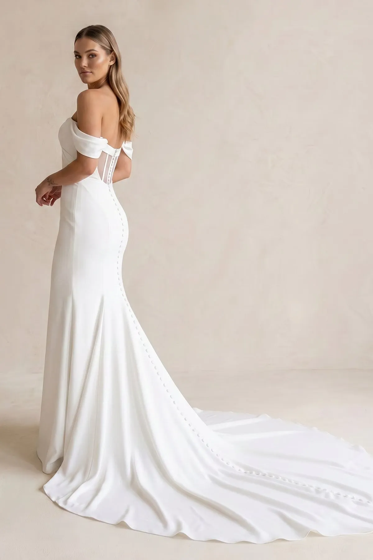 Off-the-Shoulder Satin Mermaid Wedding Dress in White sold by KissProm product image thumbnail 3